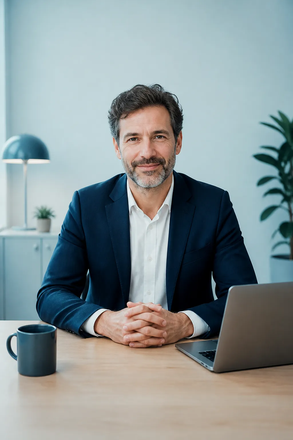 A confident, friendly medical professional ready to conduct a one-to-one consultation call