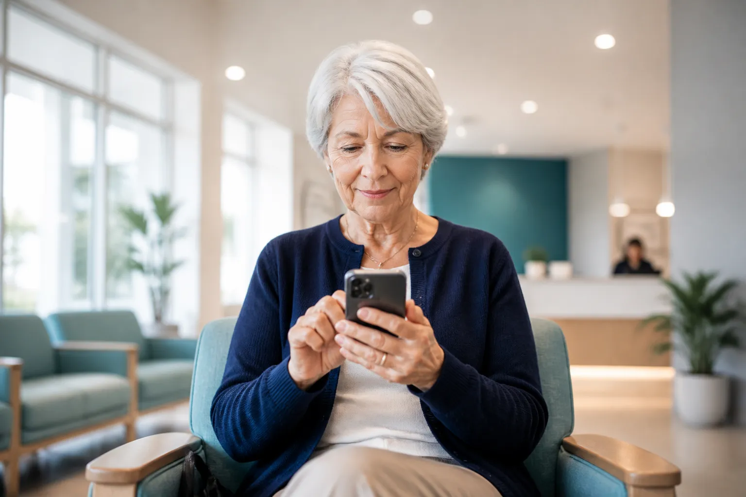 Patient searching for a specialist doctor on a smartphone, with a featured answer appearing at the top of results